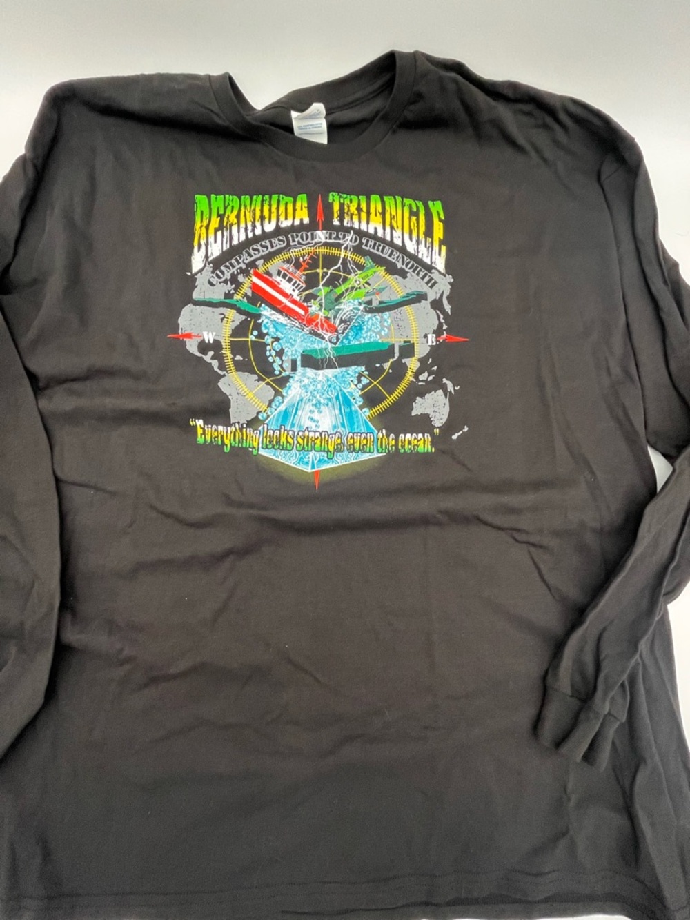 Bermuda Triangle Graphic Long Sleeve T‑Shirt - Black 100% cotton 3XL travel ship